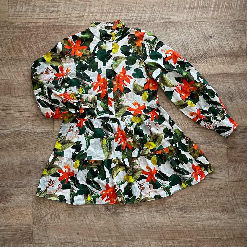 alice + olivia White Floral Button-Front Mini Dress with Green & Orange Print